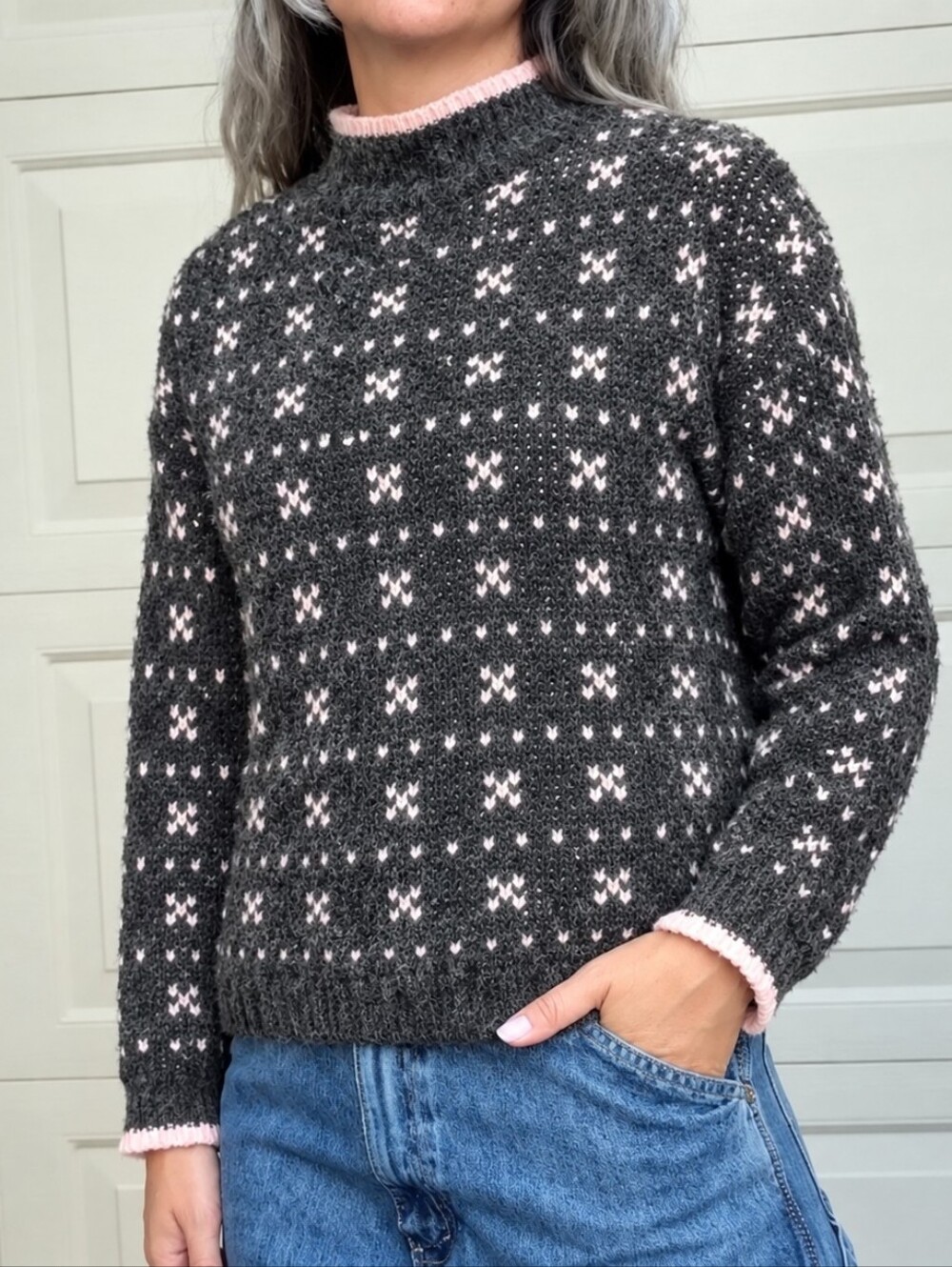 Paris Sport Club Vintage Grey Fair Isle Scandinavian Turtleneck Women Sweater M